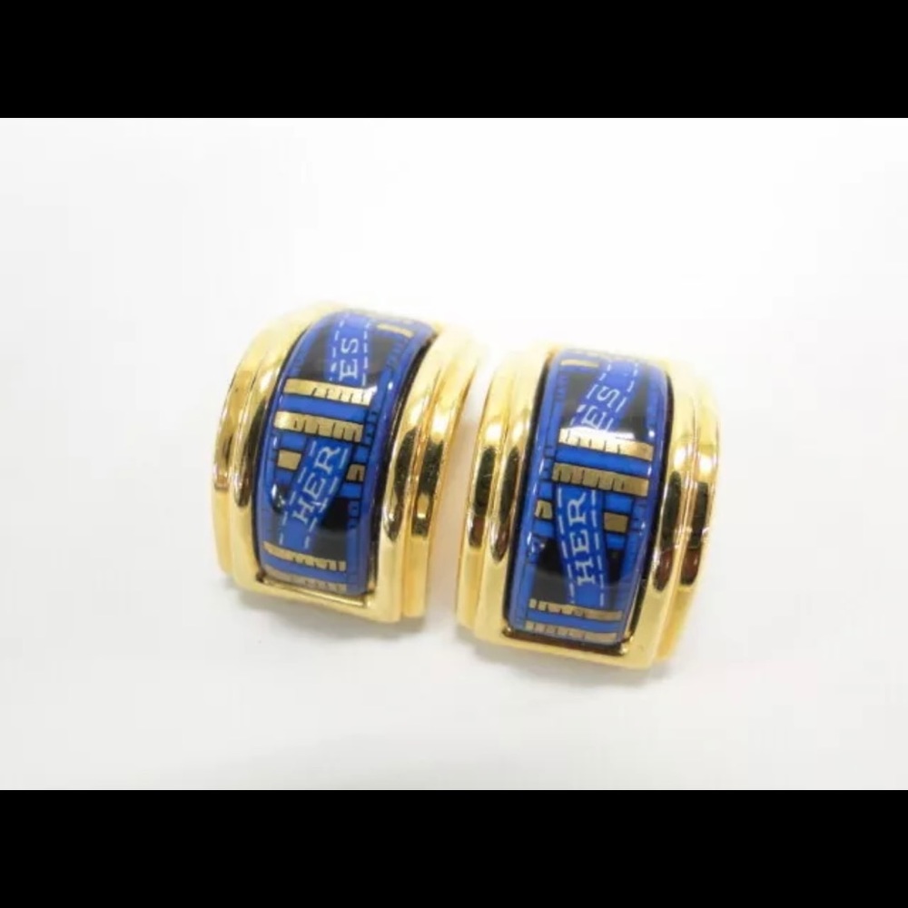 Auth HERMES Clip On Earrings Blue Gold Tone